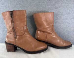 Lands End Women's sz 8 Soft Leather Light Tan Mid Calf Boot Block Heel Round Toe